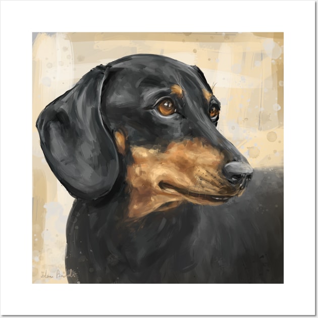 Painting of a Dachshund with Black and Gold Coat, on Beige Background Wall Art by ibadishi